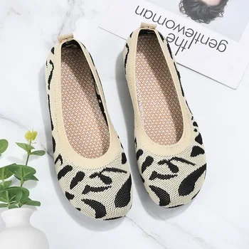 Sapatos para as Mulheres 2023 Poliuretano Sapatos com estampa de Leopardo para Respirável e Confortável Tricô Popular de Mulheres de Sapato