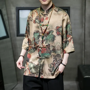 A Camisa dos homens Verão a Impressão de Discagem Fivela Jaqueta Retrô Estilo Chinês Tang Terno Hanfu Contraste de Cores Stand Colarinho de Camisa, Casaco de Homem