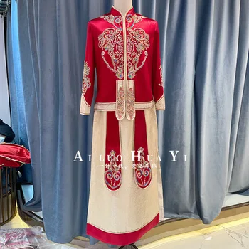 Vintage Noivo Vestido De Casamento De Homens Vermelho De Paetês Com Beading Qipao Chinês Tradicional Casamento Tang Terno De Roupa