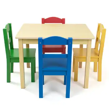 Primário Crianças de Madeira Mesa e 4 Cadeiras Conjunto, de Madeira Natural/Principal