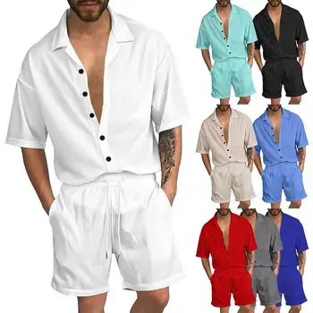 2023 Verão masculina da Nova Tendência de Lapela T-terno de Cor Sólida Curto mangas de Camisa dos Homens Casaquinho de roupa de Duas peças de Roupa para Homens