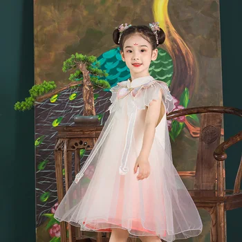 Hanfu Verão Chinês Tradicional Vestidos de de Crianças Crianças de Fadas Traje Cosplay Lotus Dança Folclórica Vestidos de Princesa Tang Terno HFT014