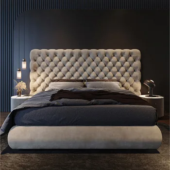 Mais recente design de mobília do quarto de cabeceira de cama de veludo tecido king size cama de madeira única forma de botão tufados cama de casal