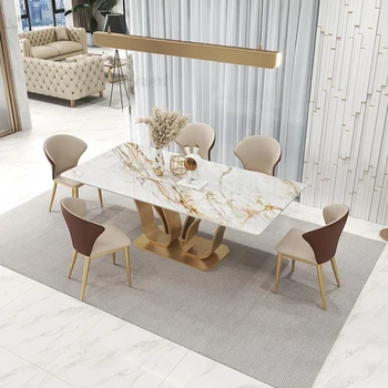 Design de luxo Villa Swan Forma Retangular Ilha da Tabela de 1,8 m E 6 Cadeiras Conjunto de Ouro Criativo Mobília de Sala de Jantar GY50CZ