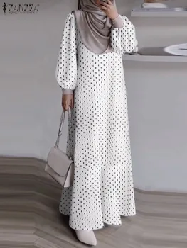 Muçulmano Moda Impressos Vestidos ZANZEA Elegante Abayas Para as Mulheres Causal Babados Maxi Sundress Turquia Hijab Vestido de Dubai Kaftan Manto