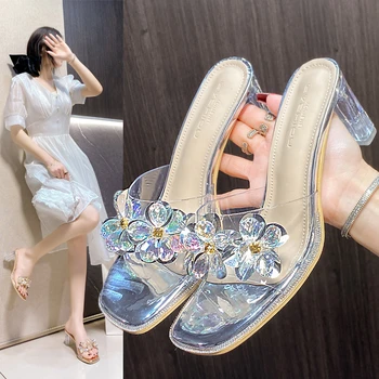 2023 Mulheres de Verão, 7cm Salto Alto Slides Mulas Senhora Cinderela Diamante de Cristal Transparente de Chinelos, Sandálias Claro Saltos de Sapatos de PVC