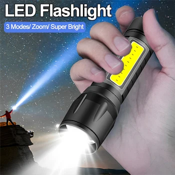 Portátil Mini Lanterna de LED 3 Modos de USB Recarregável Zoom Tocha de Luz Forte Acampar ao ar livre COB Lâmpada Impermeável Lanternas
