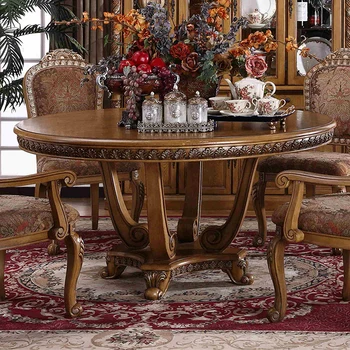 Personalizado de madeira maciça mesa de jantar e cadeira combinação país da América mesa de jantar Europeia esculpida mesa de jantar redonda