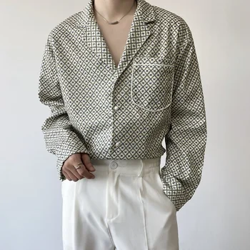 Primavera Camisa de manga comprida Moda masculina Social Mens Camisa de Vestido coreano Solto e Casual de grandes dimensões Impresso Camisas de Mens Camisa Formal