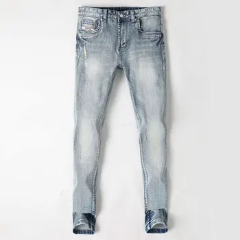 Recém-Vintage Dos Homens De Moda Jeans Retro Cinza Claro, Azul Estiramento Elástico Fino Ripped Jeans Homens Casual Designer De Jeans, Calças De Homem