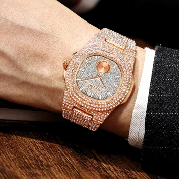 PINTIME Homens Relógio de Pulso Relógio Masculino zegarek meski mon Quartzo Relógio Homens Luxo Total de Diamante Hip Hop Rosa de Ouro Cortadores de Relógios