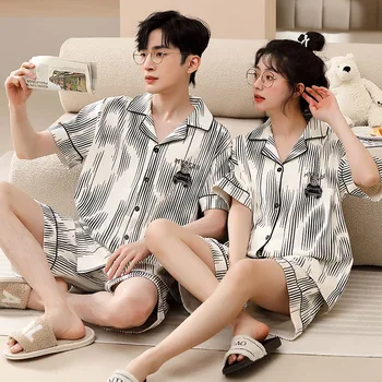 O coreano Moda Algodão Casaquinho de Pijamas para Casais 2023 Novo Loungewear Homens de Curto Pijama Conjunto de Mulheres Homewear de Alta Qualidade